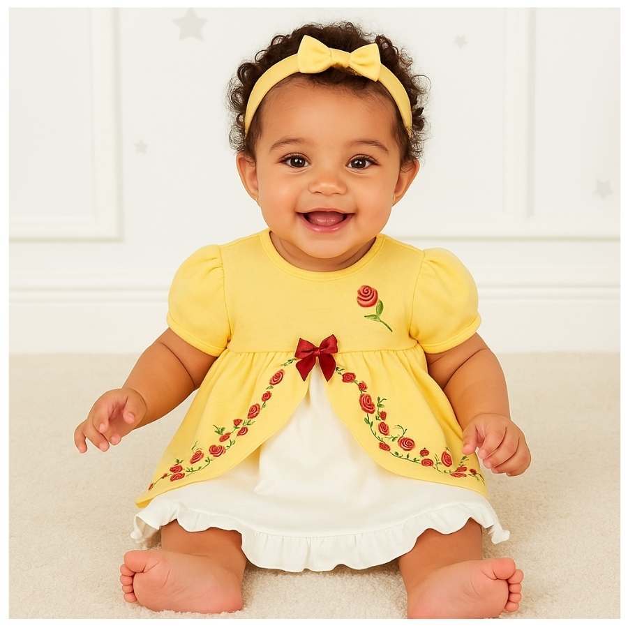Body vestido bebê fantasia manga curta franzida amarelo bordado princesa bela e a fera com faixa de cabelo