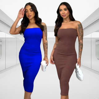 Kit 2 Vestidos Feminino Midi Tomara Que Caia Tubinho Anarruga Canelado Colado Modelador Justo Gringa Blogueira Modelador em Oferta na Shopee