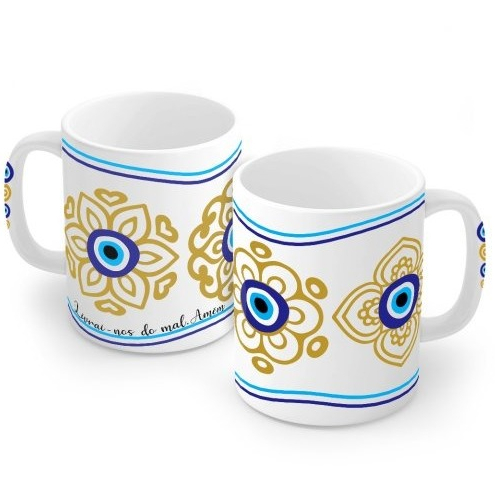 Caneca Olho Grego 320ml Porcelana Proteção Café Chá Chocolate Quente Decoração Cozinha Presente