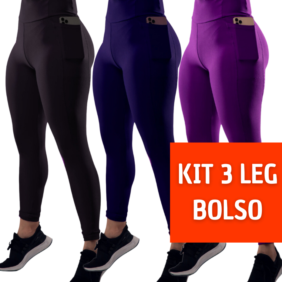 Kit 3 Calça Legging Feminina Fitness Academia com Bolsos Laterais para guardar objetos em Oferta na Shopee