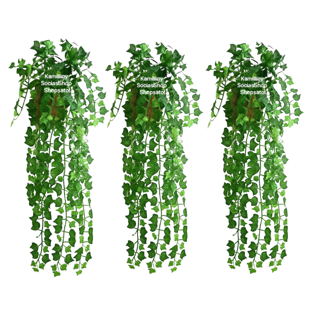 Arranjo c/ 3 Trepadeira Folha de Hera + 3 Vaso Trançado Marrom Enfeite Pendente