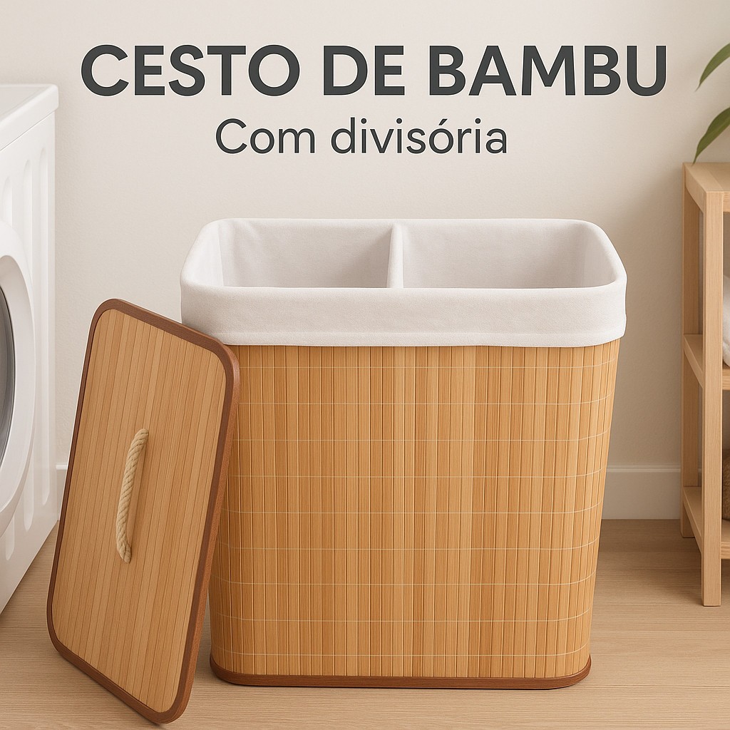 Cesto De Bambu Grande Duplo Com Divisorias Roupas Sujas Cor Marrom-claro