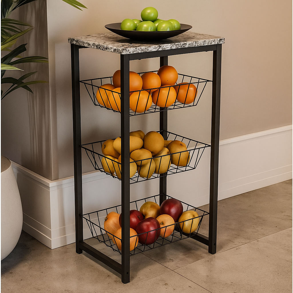 Fruteira de Chão Tampo Mármore Micro-ondas Air Fryer 3 Cestos Removíveis Resistente Aço