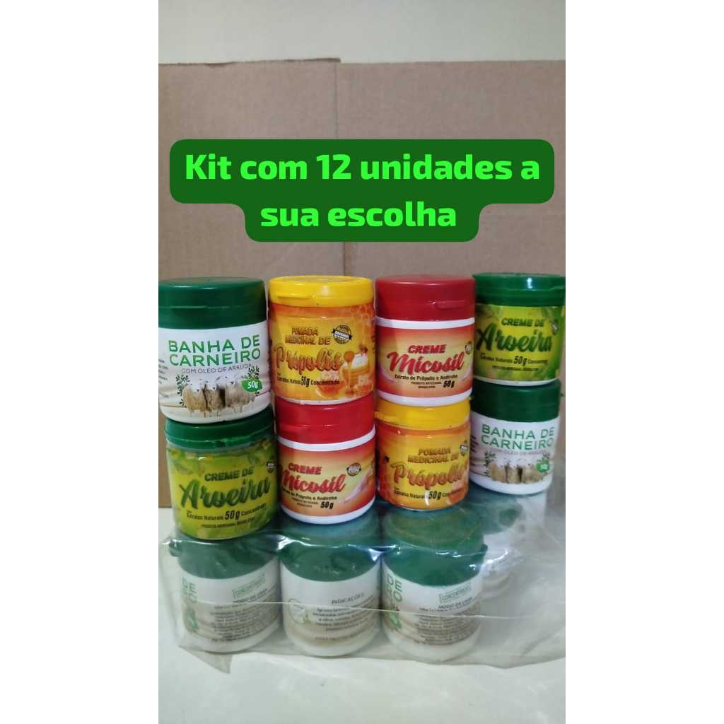 Kit com 12 unid pomadas / creme 3 aroeira 3 própolis 3 micosil 3 banha carneiro -50 gr -ORIGINAL