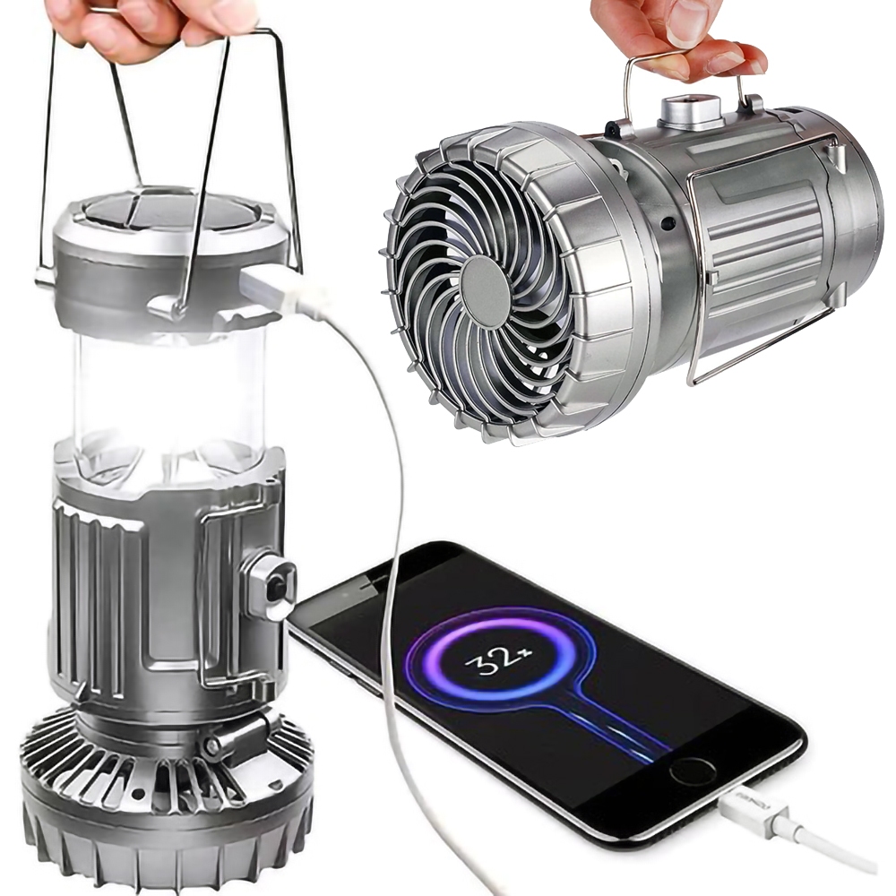 Ventilador Portátil Solar Lampião Lanterna de Emergencia Recarregável Com Power Bank