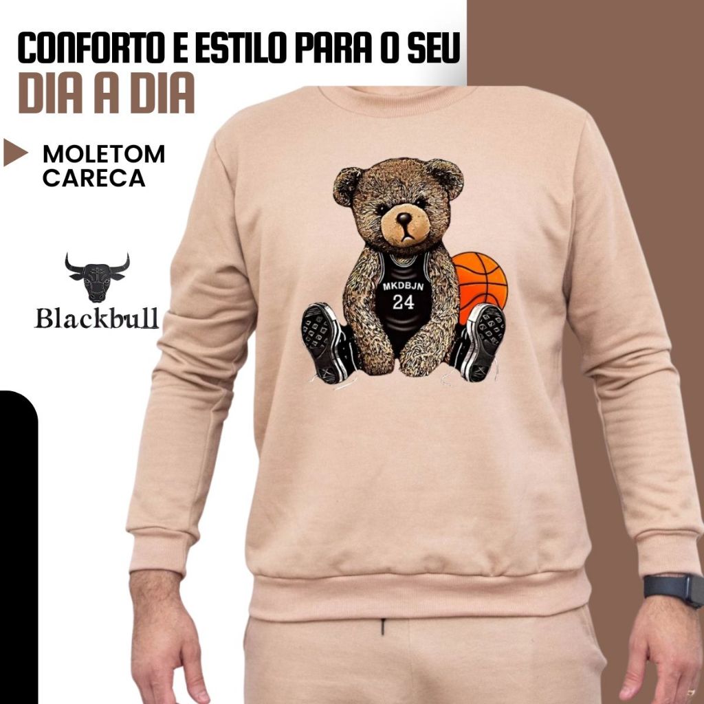 Moletom Careca Urso basquete Unissex Streetwear Masculino e Feminino Flanelado   Blusa sem capuz