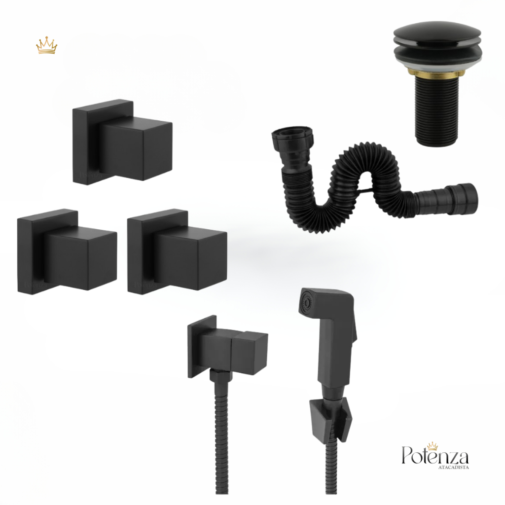 Kit 3 acabamento registro, Valvula click 7/8, Sifão Sanfonado 70cm, Ducha Higienica Preto Fosco