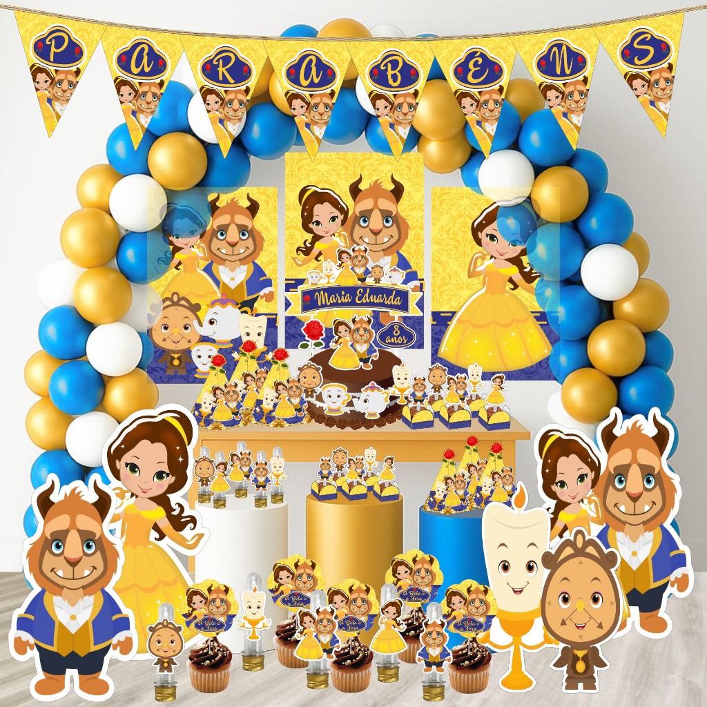 Kit Festa Aniversário Personalizado CUTE Bela e a Fera 78 itens-Decoração Mesversário Lembrancinha