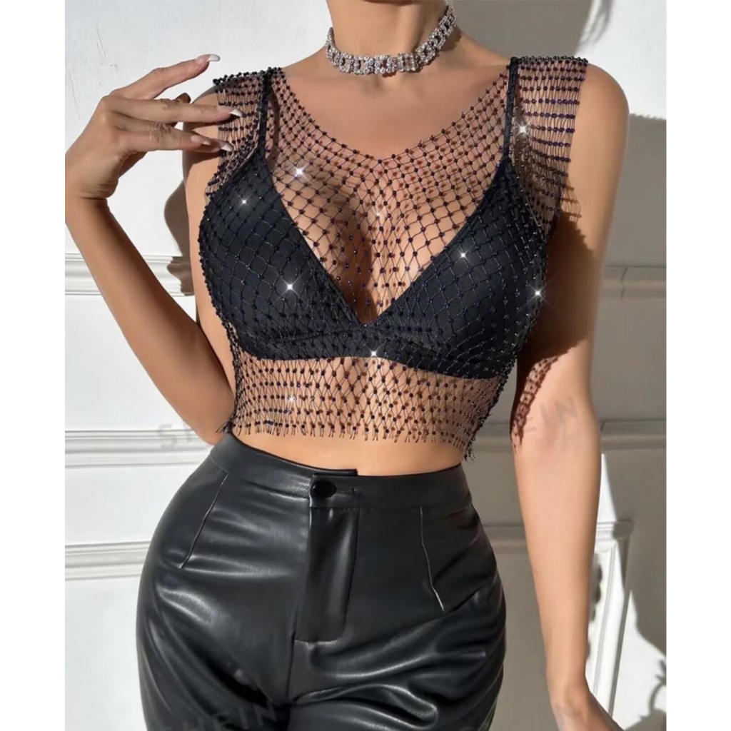 Blusa Com Strass Pedraria Cropped Arrastão preto/branco 50cm