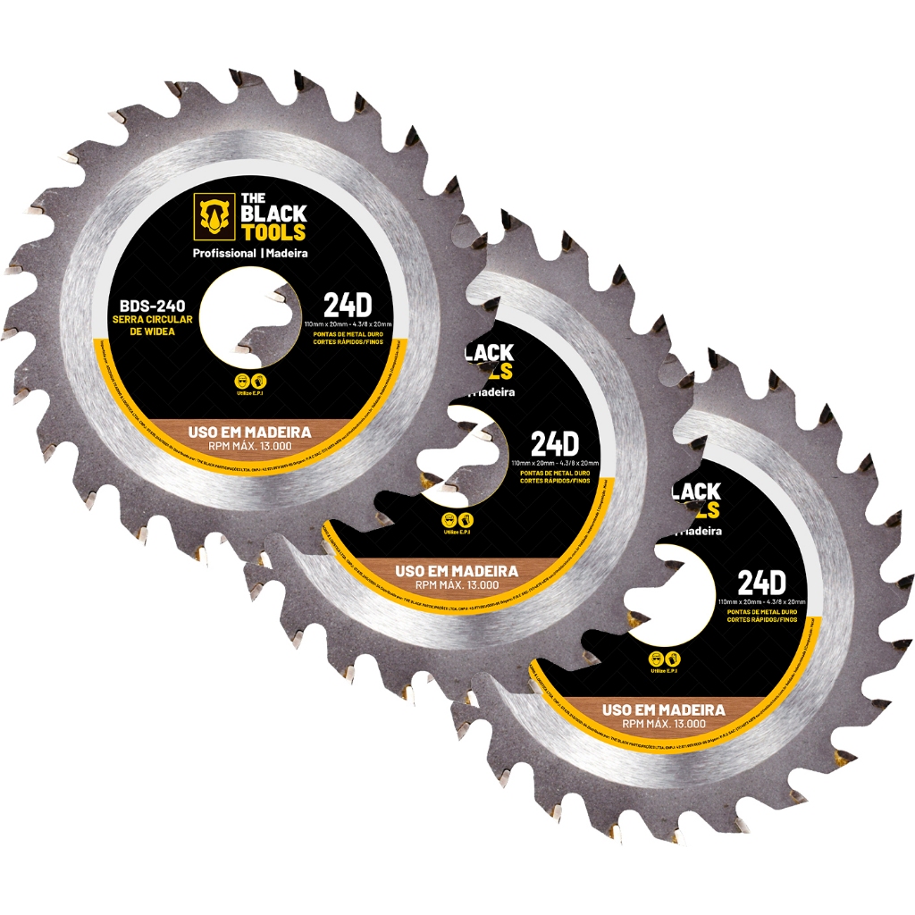 Kit 3 Discos De Serra Circular 24 Dentes Para Madeira 110mm 4.3/8 Pol Marcenaria The Black Tools em Oferta na Shopee