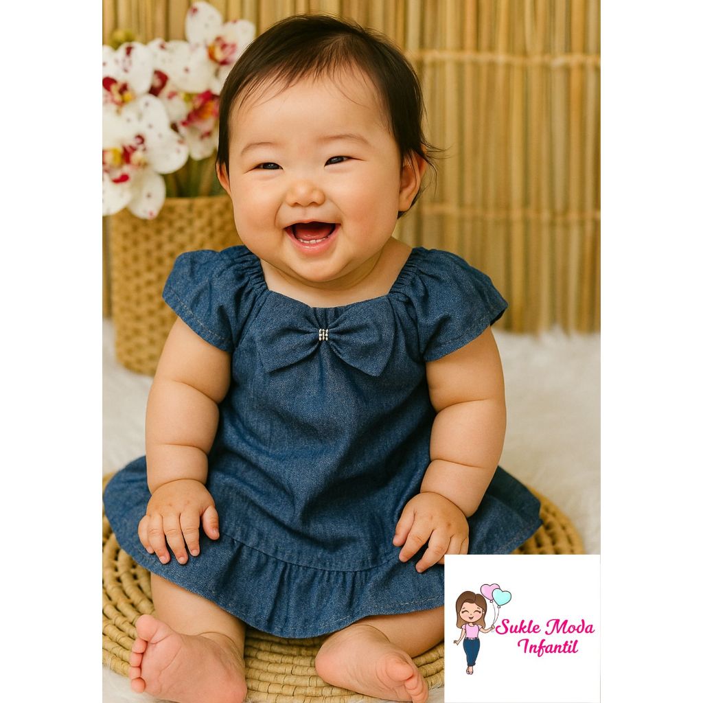 Vestido Jeans Bebe Menina de 3 ate 6 Meses Vestido Estiloso Moda Blogueirinha com Laço Entrega Rápida em Oferta na Shopee