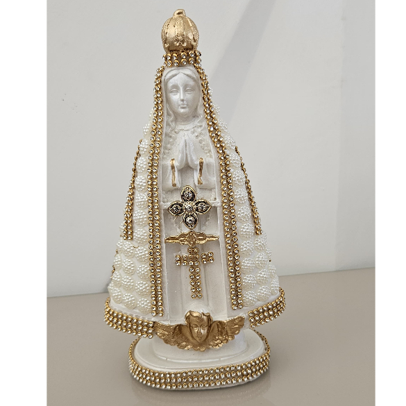 Imagem Nossa Senhora Aparecida 20 cm Pérola Amora Branca com Detalhes Dourados.