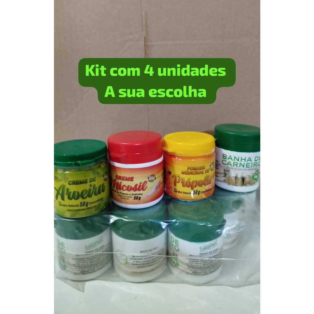 Kit com 4 unid pomadas / creme -1 aroeira - 1 própolis -1 micosil -1 banha carneiro -50 gr -ORIGINAL