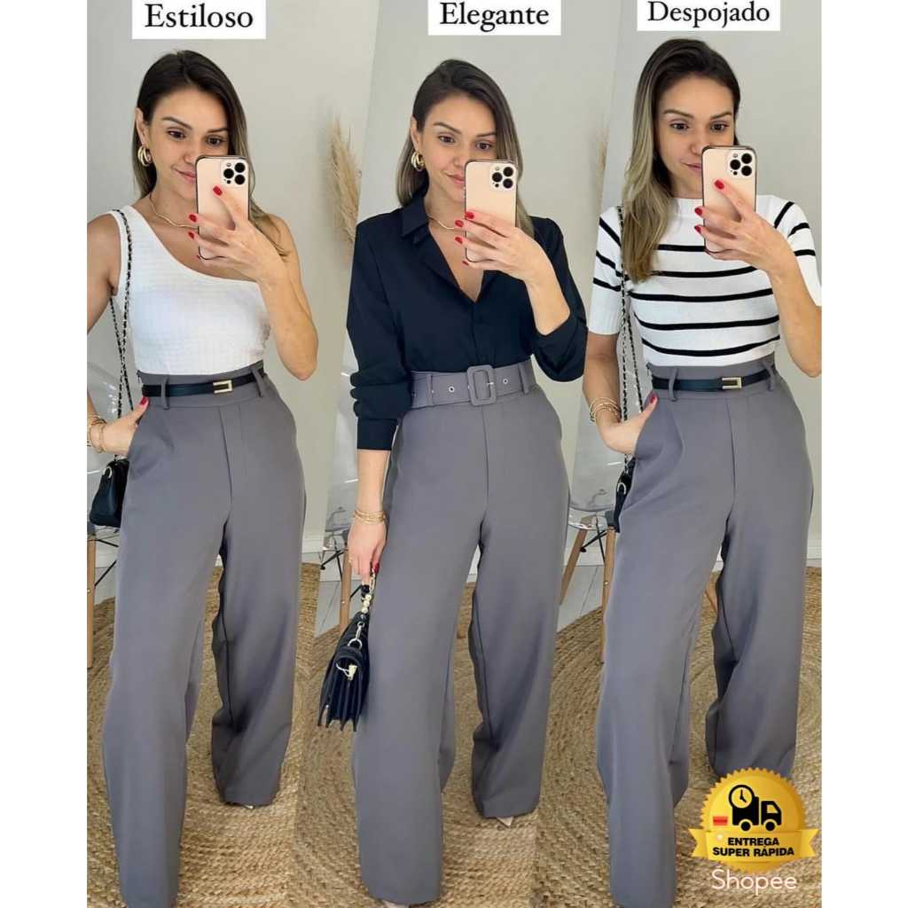 Calça alfaiataria feminina pantalona wide leg Cintura Alta PREMIUM em Oferta na Shopee