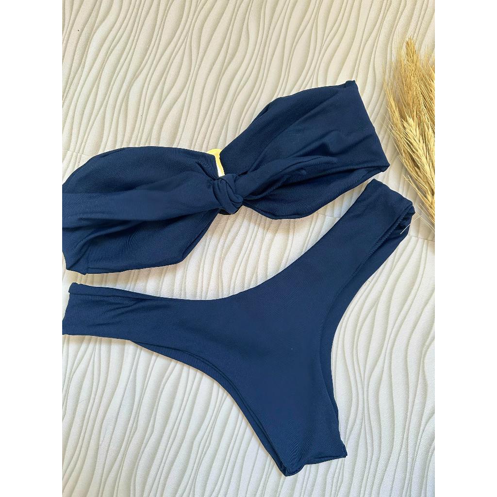 Biquini top tomara que caia AZUL MARINHO  asa delta com bojo removível e fivela