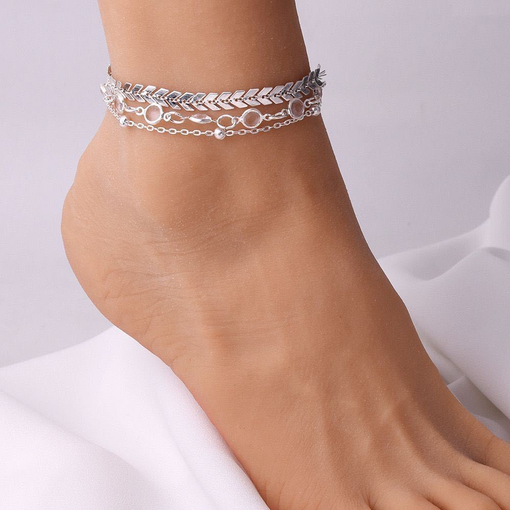 KIT 3 TORNOZELEIRAS Feminina escama de peixe + Bolinha + pedrinhas transparentes Banhada em Prata 925 e Ouro 18k