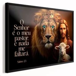 Quadro decorativo Leão de Judá Jesus e cordeiro de Deus O Senhor é meu pastor e nada me faltará. 1 peça