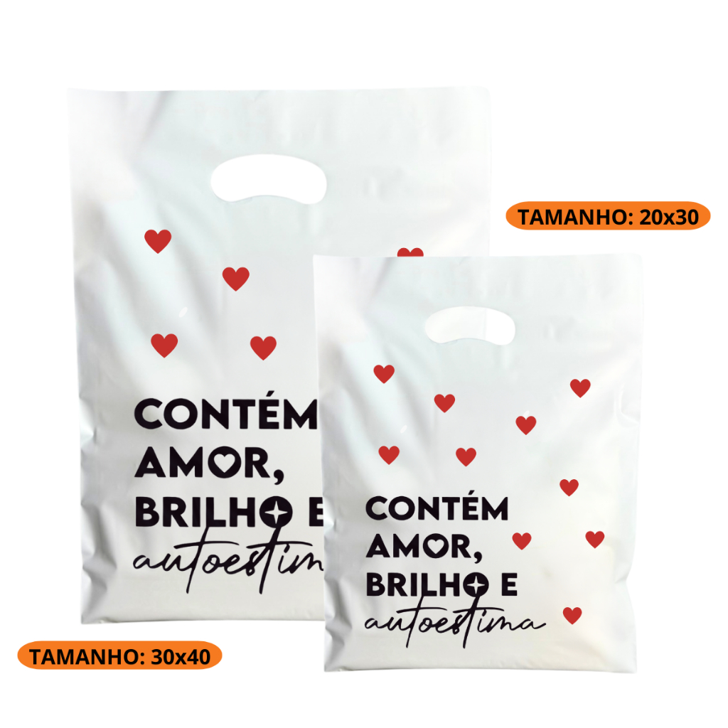 Sacolas Plásticas Boca De Palhaço Para Loja | Tam M 20X30  - Contém, Amor , Brilho e Autoestima.
