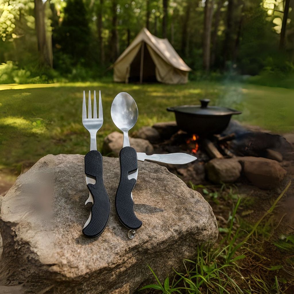 Canivete Multifunção Sobrevivência Camping com Garfo, Colher, Faca e Abridor Camping