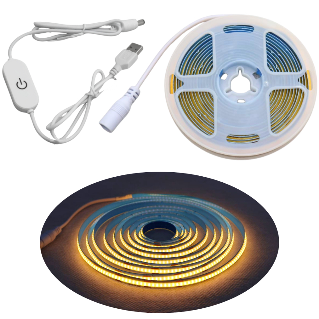 Fita Led 320 Cob 2m ou 3m 5v Usb Branco Quente 3000k Tv Pc Carro