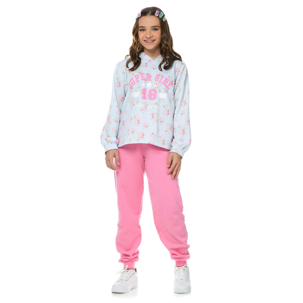 Conjunto Infantil Feminino - Blusa Moletom Sublimada com Capuz + Calça de Moletom