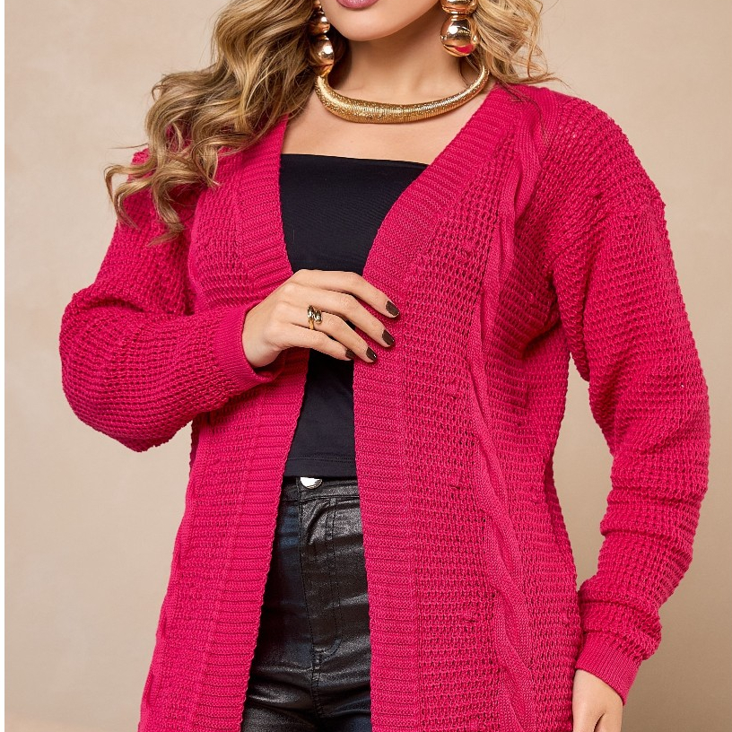 Cardigan com Bolinhas e Tranças Tricot Kimono Trico Casaco Frio Inverno Feminino Manga Longa