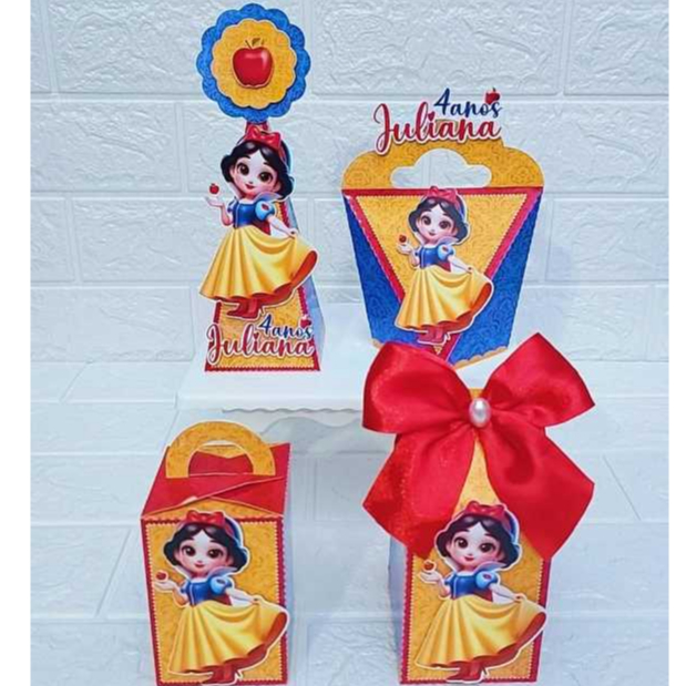 Kit Caixas Personalizadas Branca de Neve 3D - Lembrancinha Festa Infantil - Princesa Caixa Milk Pirâmide Coração Cubo 3D