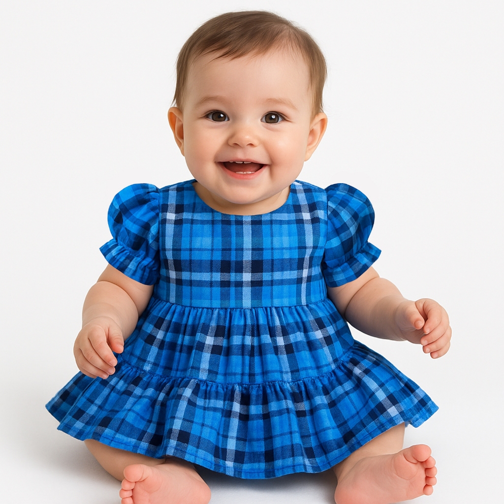 Vestido Infantil Bebê Manga Curta Xadrez Azul Festa Junina Roupas Algodão
