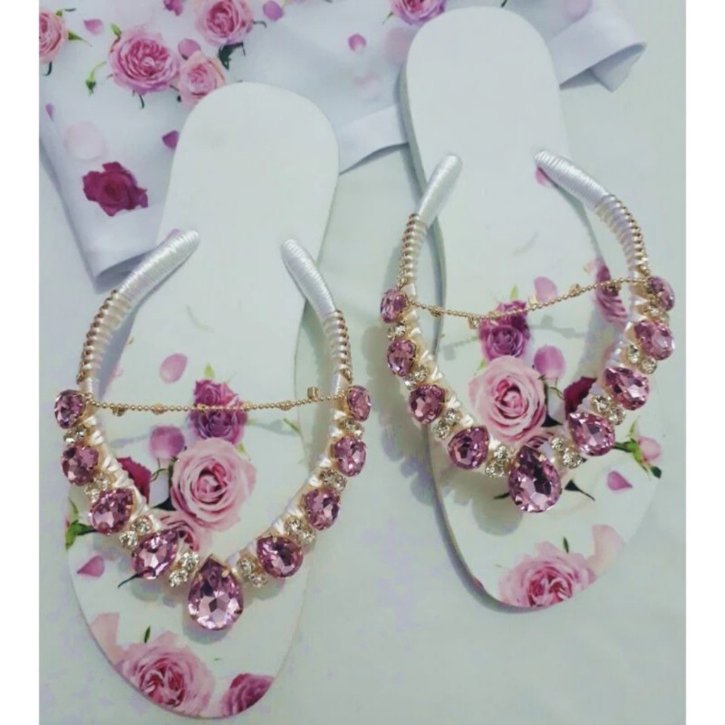 Sandalias Chinelo Customizado Personalizado C/Estampa Floral de Sublimação Pedrarias C/Corrente