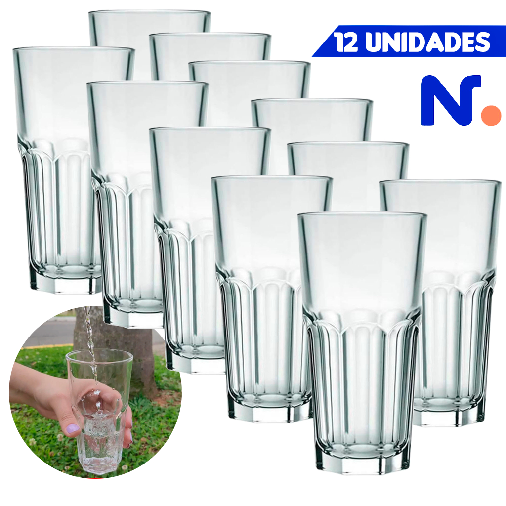 Conjunto de 12 Copos Bristol Longo Drink 340ml Nadir Bebidas Drink Vidro Glass Canelado Buffet