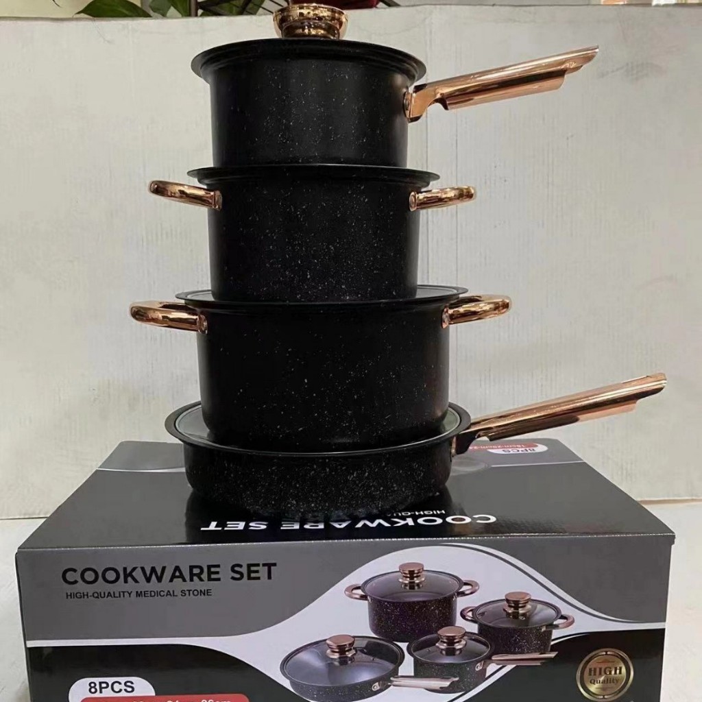 Conjunto de Panelas de Aço Inoxidável Antiaderente Conjunto de 8 Peças com Cabo Dourado Conjunto de Panelas de Cozinha.