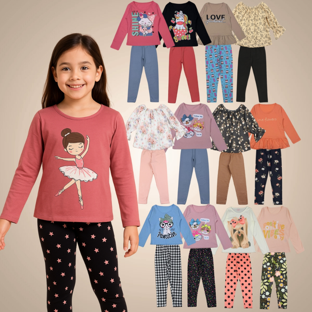 Kit 10 Peças Confortável 5 Legging Flanelada+5 Blusa Algodão Menina sortidas Infantil
