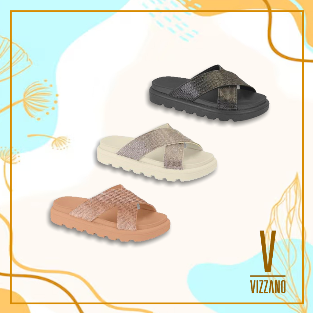 Papete Sandália Feminina Vizzano Strass Tira Cruzada Flat Tendência Confortável Elegante