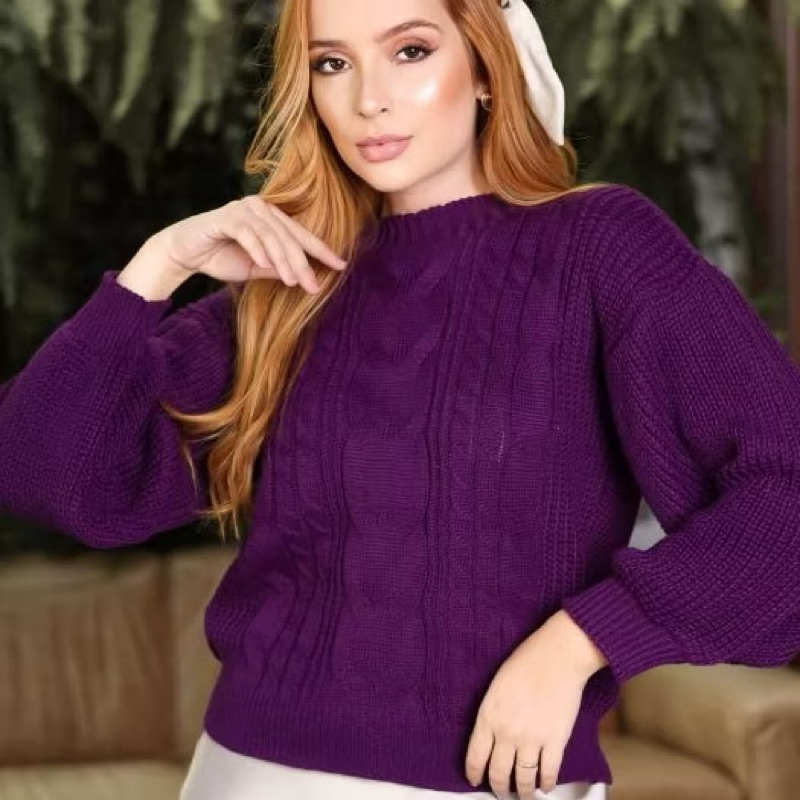 Blusa Manga Longa Bufante Trança Tricot Trico