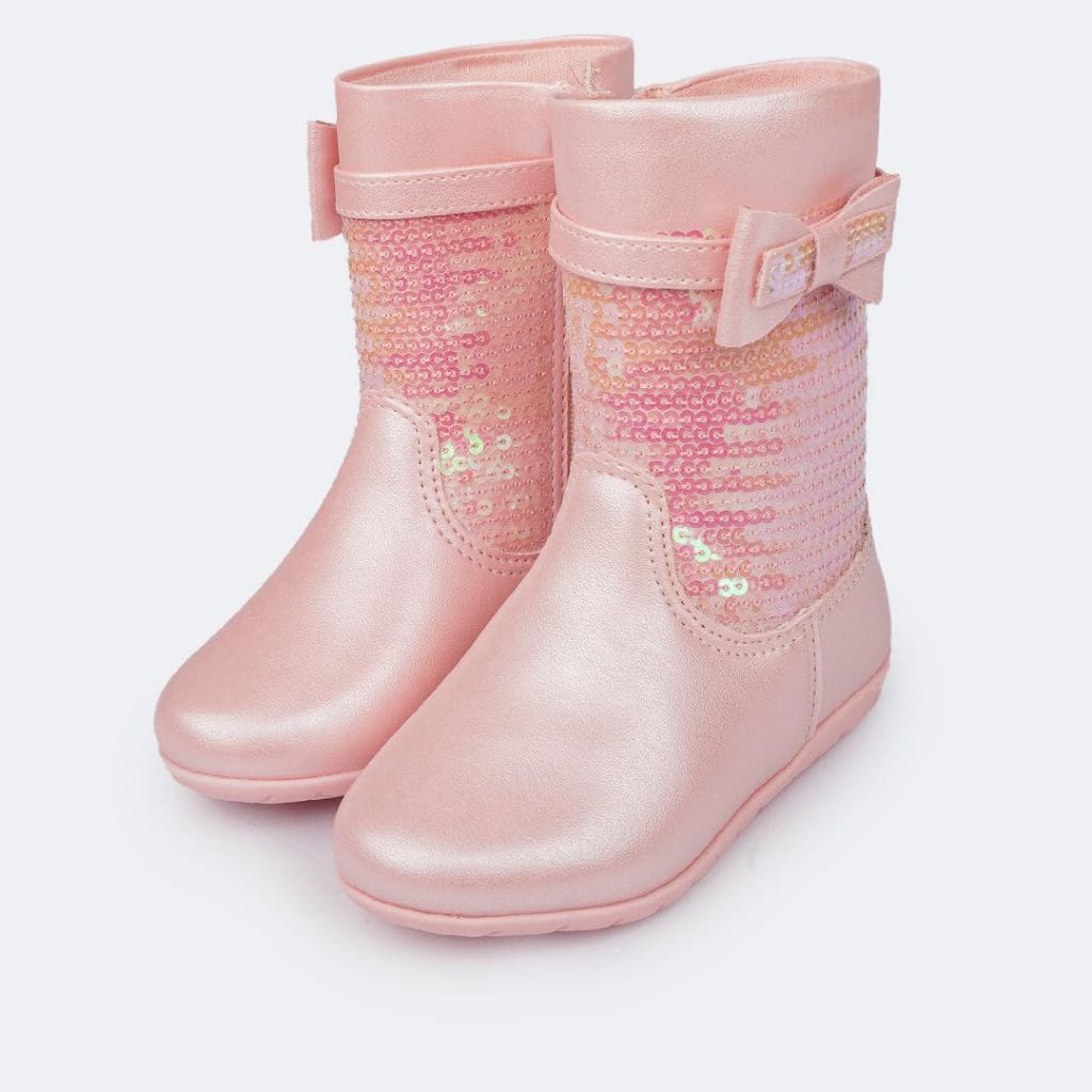Bota Infantil Pampili Jujuba Paetê Laço Rosa Glacê