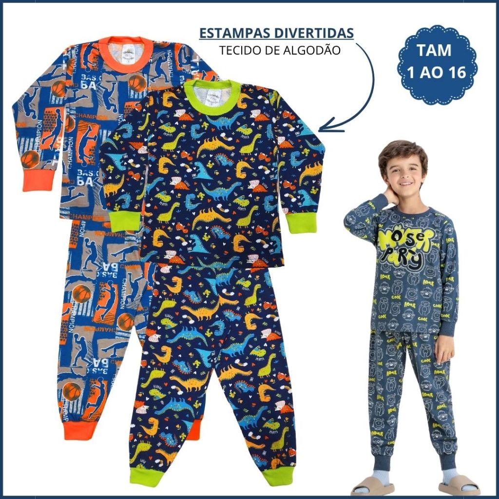 Kit 4 Peças Pijama Infantil Menino Inverno 2 Camiseta Manga e 2 Calça Bebê ao Juvenil Cott...