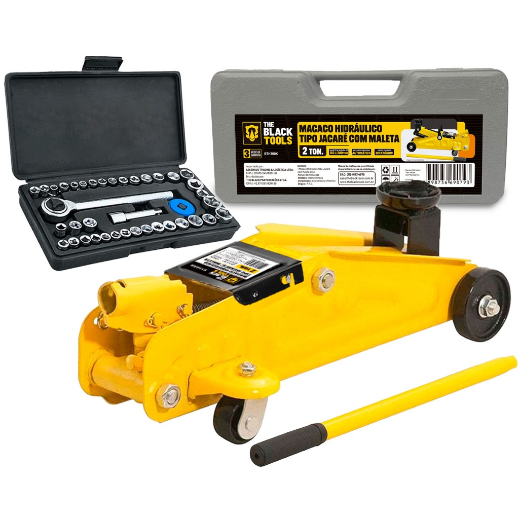 Kit Ferramentas Estepe Macaco Hidraulico 2 Toneladas + Jogo Soquetes 40 Peças The Black Tools em Oferta na Shopee