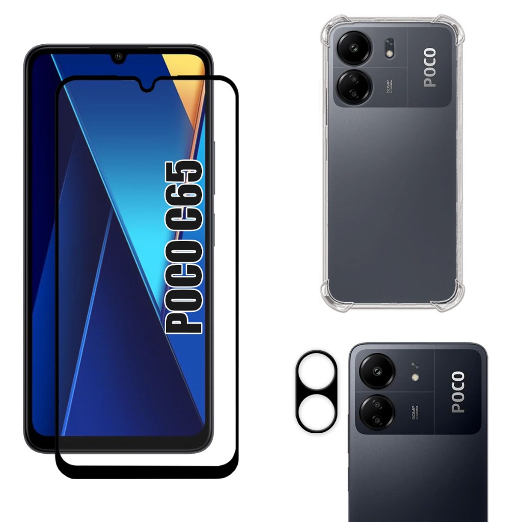 Kit Para Xiaomi Poco C65 | Película de Vidro 3D - Capa Anti Shock - Película da Câmera 3D em Oferta na Shopee