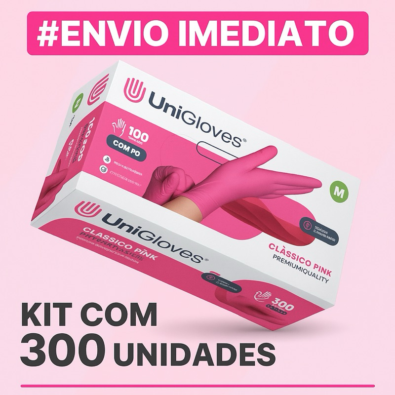 Kit 3 Caixas Luva Látex Rosa Pink Unigloves 300 Unidades Descartável Procedimento com Pó Profissional