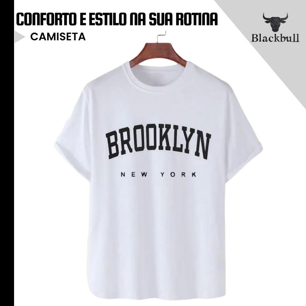 Camiseta Camisa estampada Brooklyn masculina   unissex Gola Redonda 100% Algodão Fio 30.1 PENTEADO