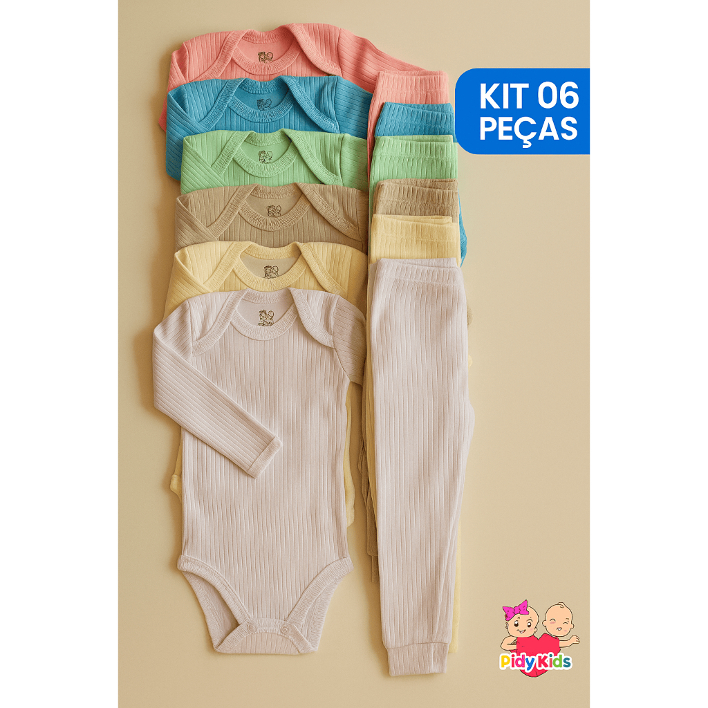 Kit 6 Peças Conjunto Body Manga Longa Canelado + Mijão Liso Canelado Bebê Menino e Menina ...
