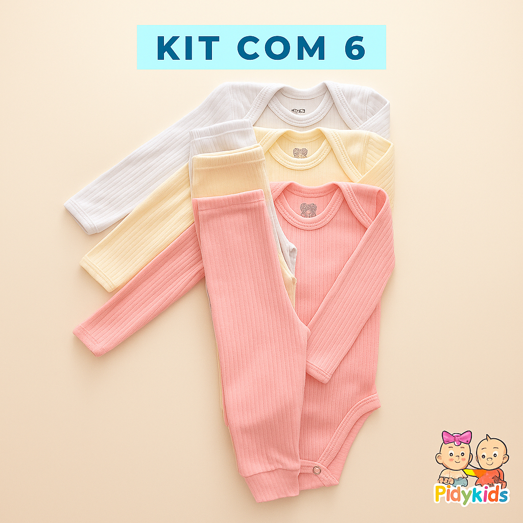 Kit 6 Peças - Body Canelado Manga Longa + Calça De Bebe Liso Canelado
