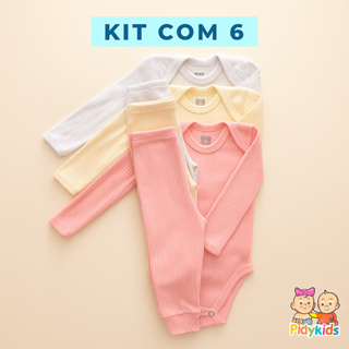 Kit 6 Peças - Body Canelado Manga Longa + Calça De Bebe Liso Canelado em Oferta na Shopee