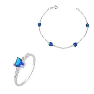 Kit Anel e Pulseira Feminina de Prata 925 Coração com zircônias Azul Marinho