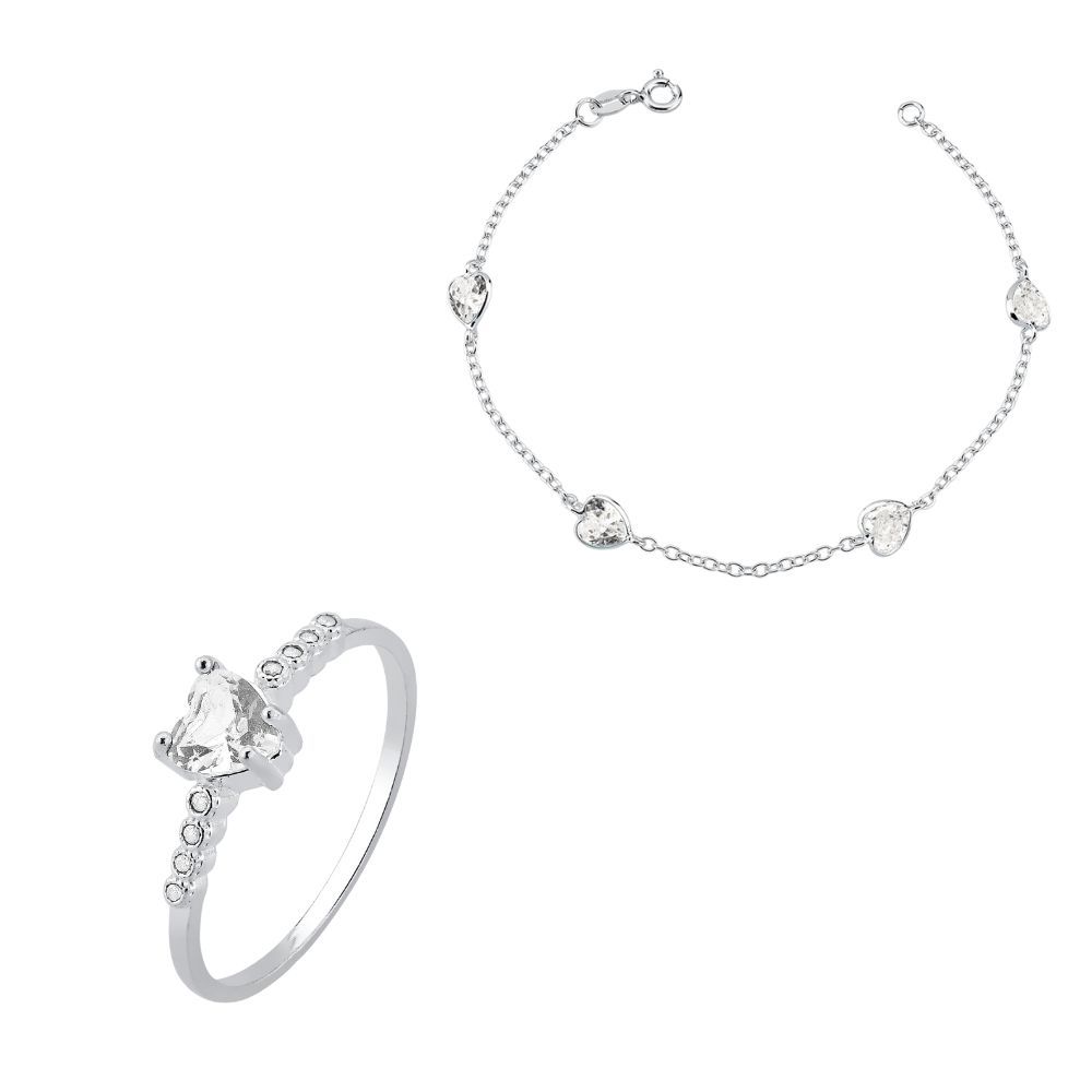 Conjunto Anel e Pulseira de Prata 925 Coração com zircônias Cristal | Conjunto Perfeito em Oferta na Shopee