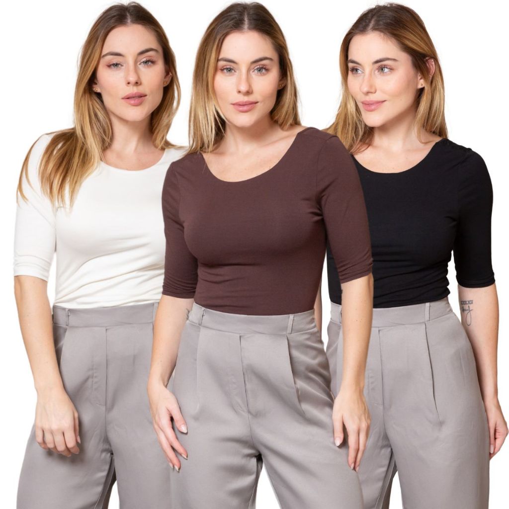 Kit 3 Blusas Feminina Manga 3/4 com Abertura nas Costas em Oferta na Shopee