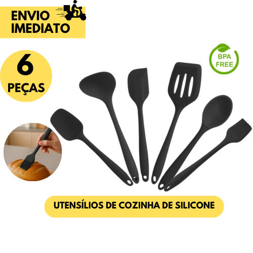 Kit Utensílios Cozinha Silicone Preto 6 Peças Resistente Alta Qualidade AntiAderente Completo