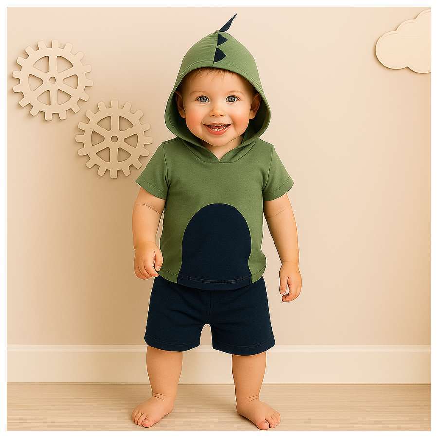 Conjunto infantil fantasia camiseta manga curta verde com capuz bordado dinossauro e shorts liso