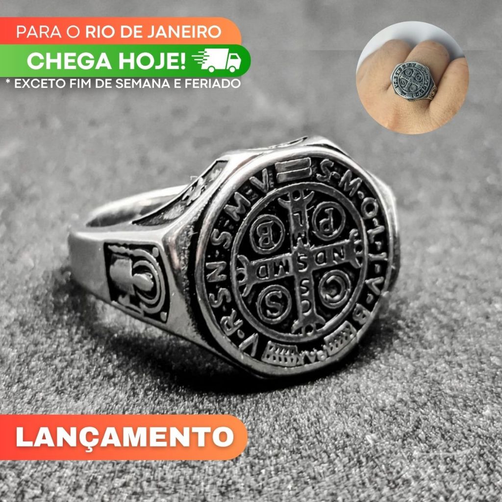 Anel Masculino De São Bento Dedeira Prata Medalha Aço Inoxidável 316L Entrega Rapida 24h RJ