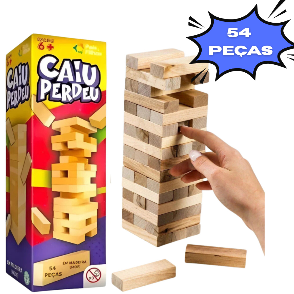 Brinquedo Jogo Caiu Perdeu Torre de Madeira Com 54 Peças Desenvolve Coordenação Motora e Equilibrio